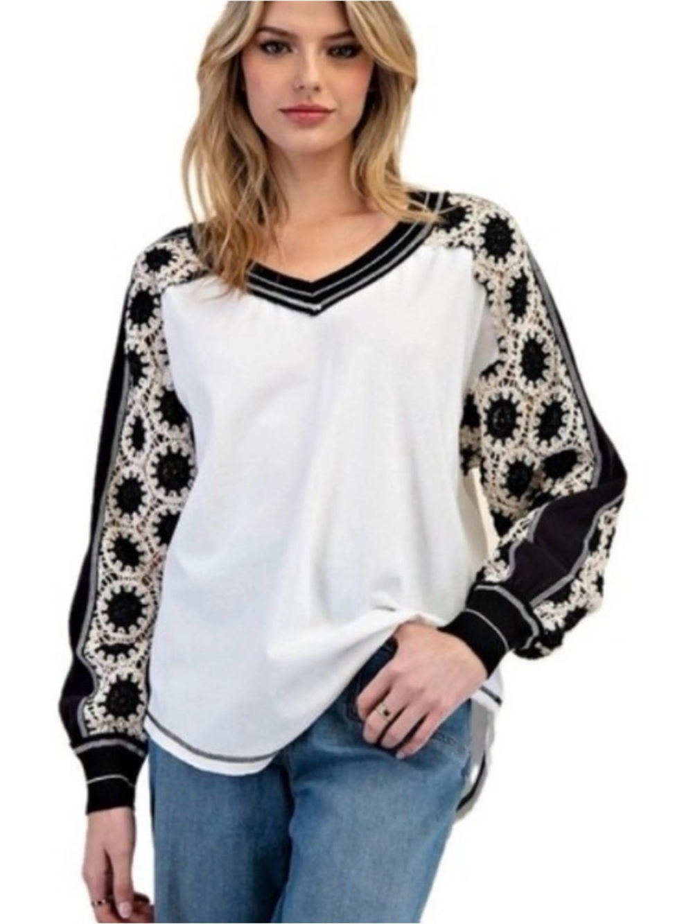 Free people Oceanside crochet sleeved t shirt boho medium oversized euc